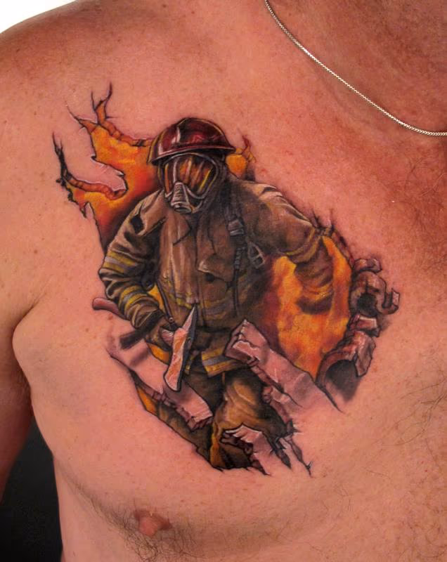 Firefighter chest tattoo
