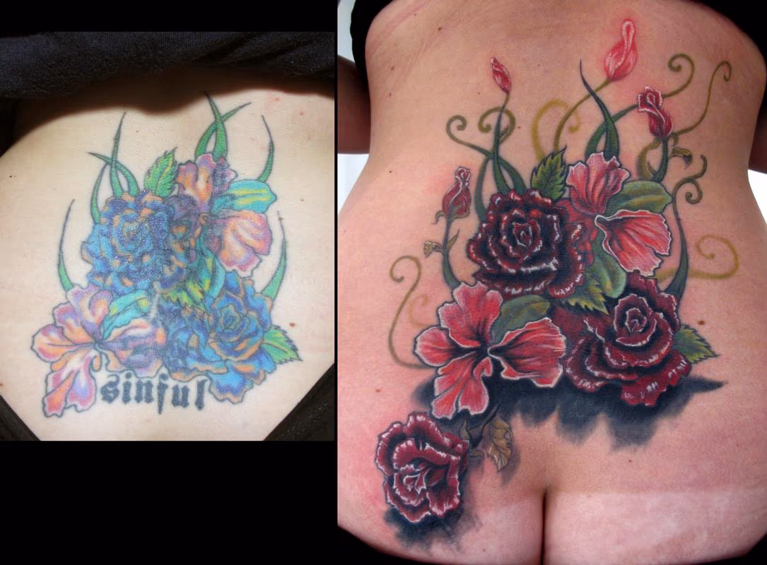 lower back flower coverup tattoo