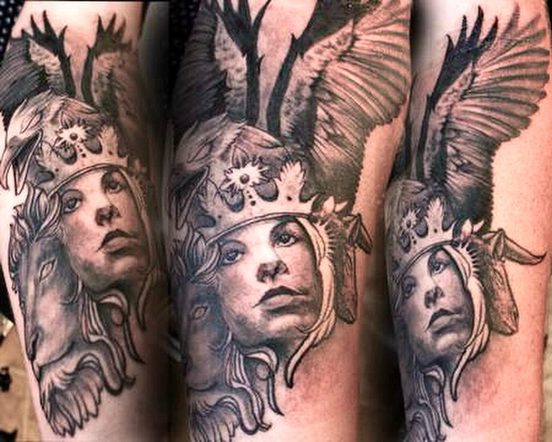 Black-and-grey warrior queen portrait, arm