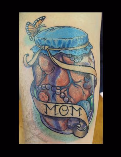 Heart and Jewels in Jar with Butterfly Tattoo