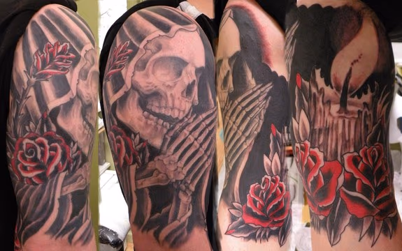 Black and Grey Skull with traditional roses