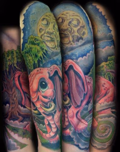 pink elephant tattoo half sleeve