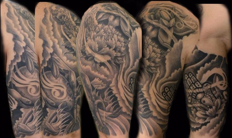 black and gray flower half sleeve