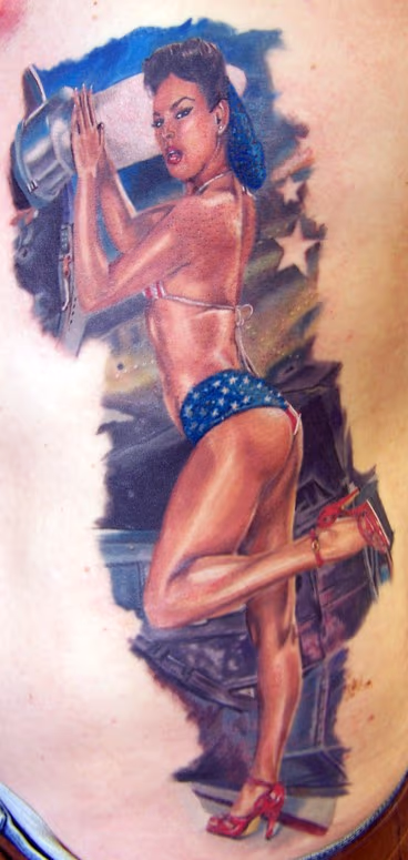 Color realistic pinup, with airplane