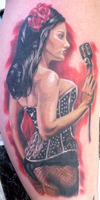 Color realistic pinup, with microphone