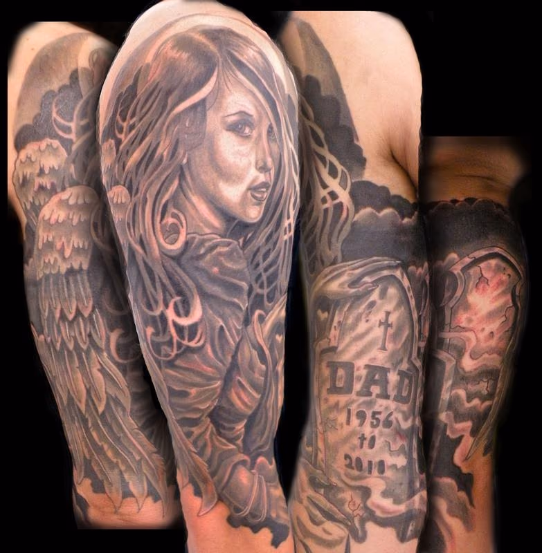 black and gray cover up angel