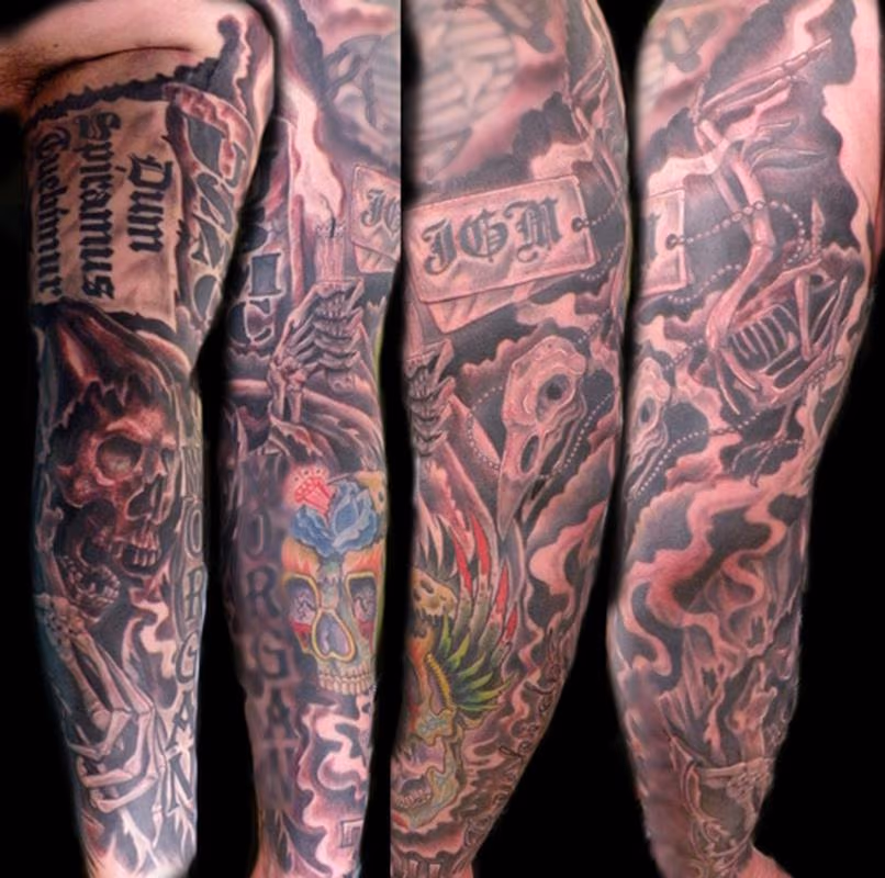 skeleton bird and grim reaper sleeve