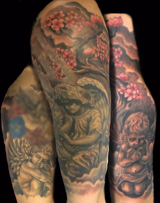 cherub and angel half sleeve with cherry blossoms