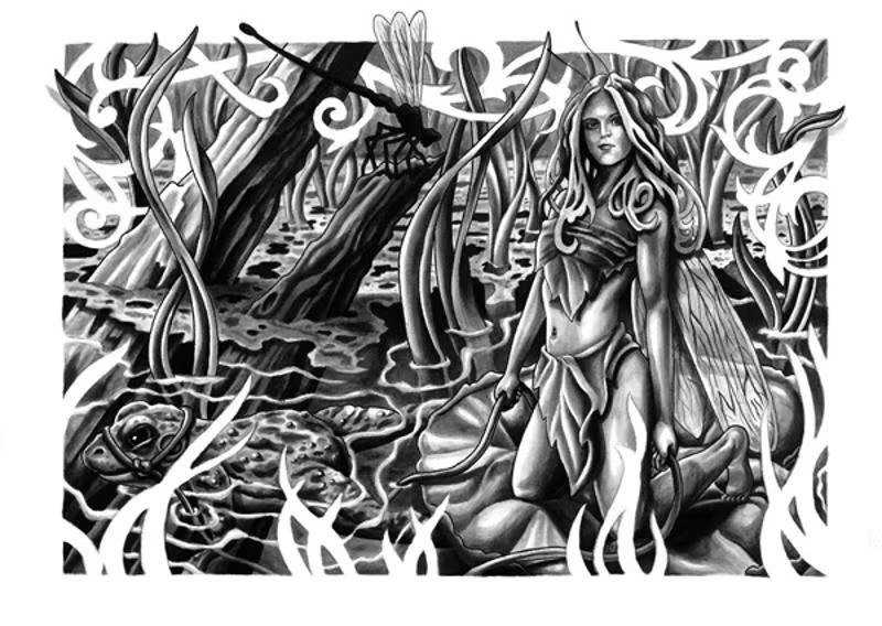 fairy and frog ink wash