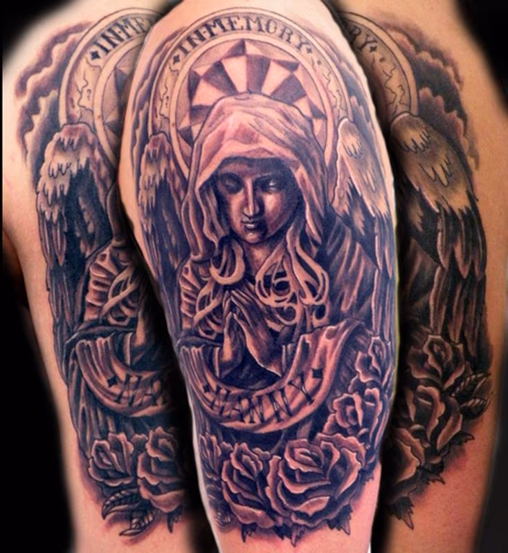 Black and Gray Memorial Angel Tattoo