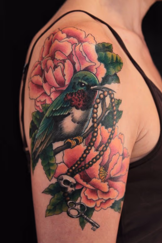 Humming Bird Flowers Tattoo