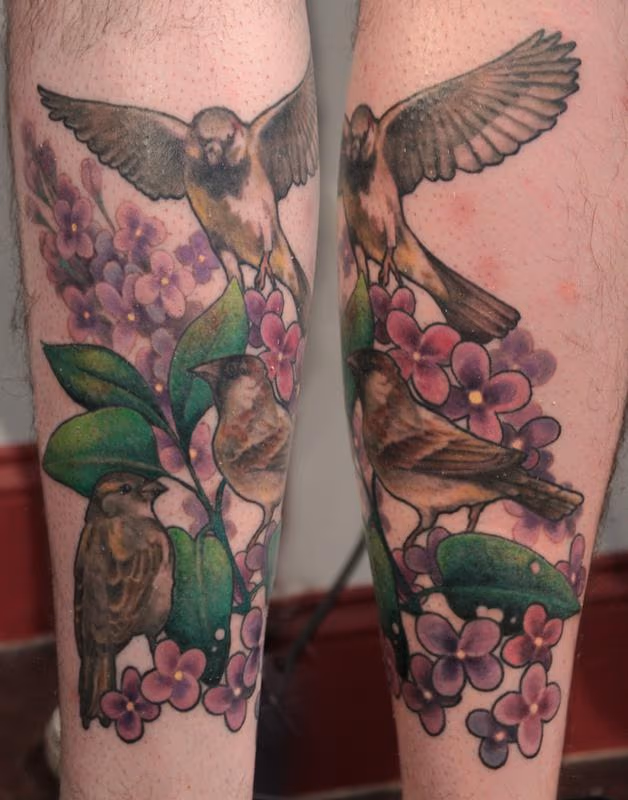 Sparrow Family and Flowers Tattoo