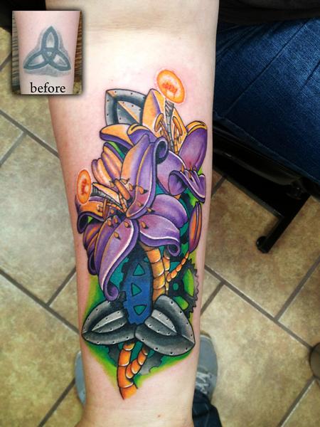 Mechanical Flower Cover Up Tattoo