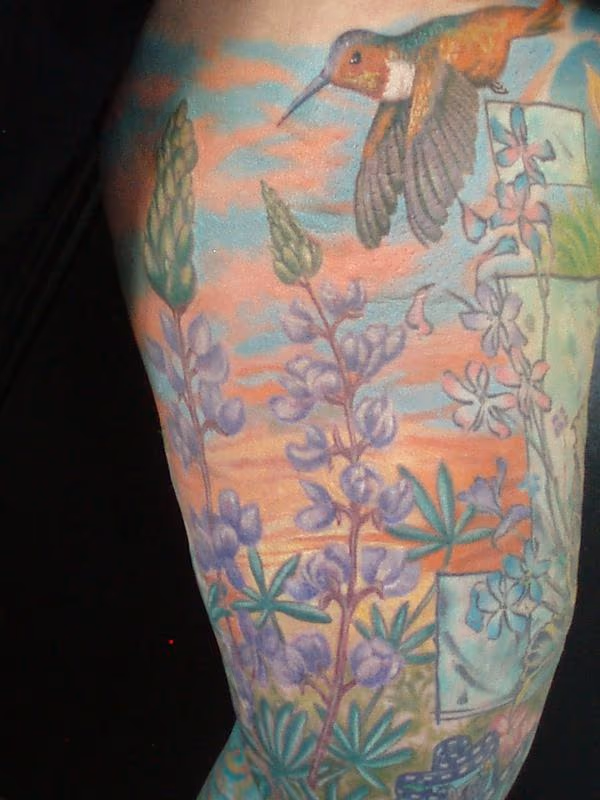 Color Humming Bird and Flowers Tattoo
