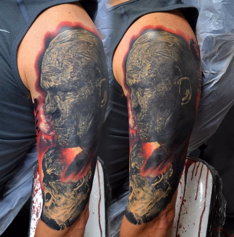 Healed Wolfman and Mummy Half Sleeve Tattoo