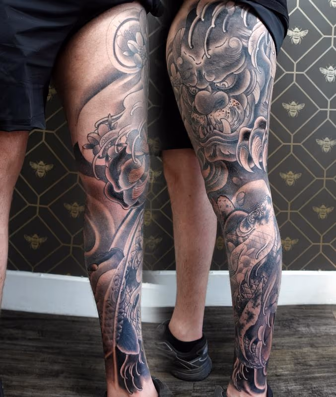 Foo Dog and Koi Leg Sleeve Finished