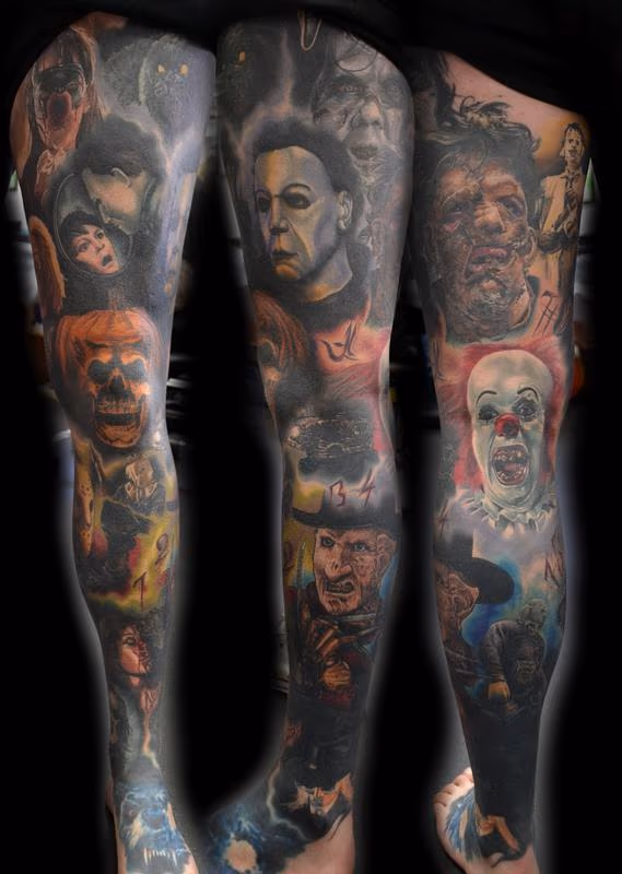 Horror Portrait Leg Sleeve Tattoo