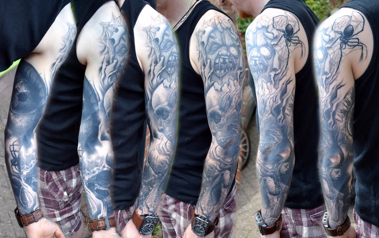Fully Healed Evil Themed Sleeve Tattoo