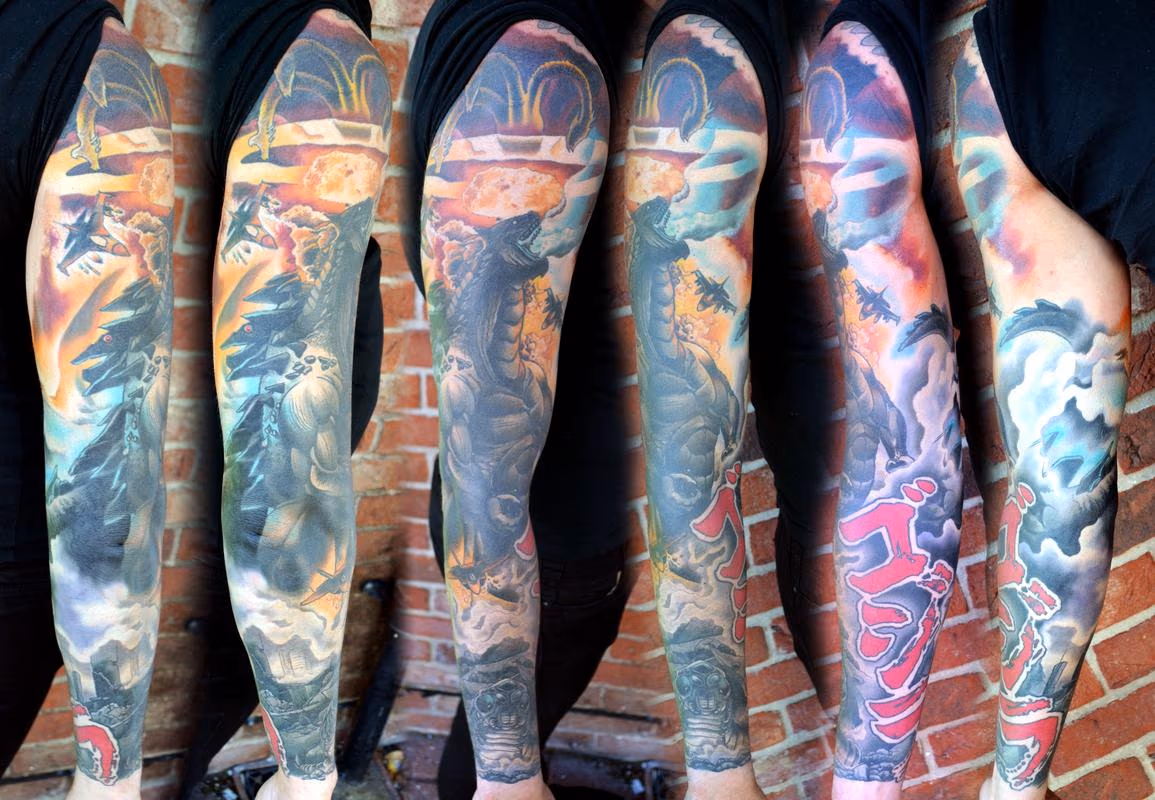 Godzilla sleeve tattoo