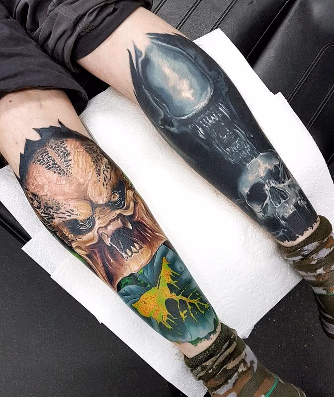 Alien and Predtaor Calf Tattoos