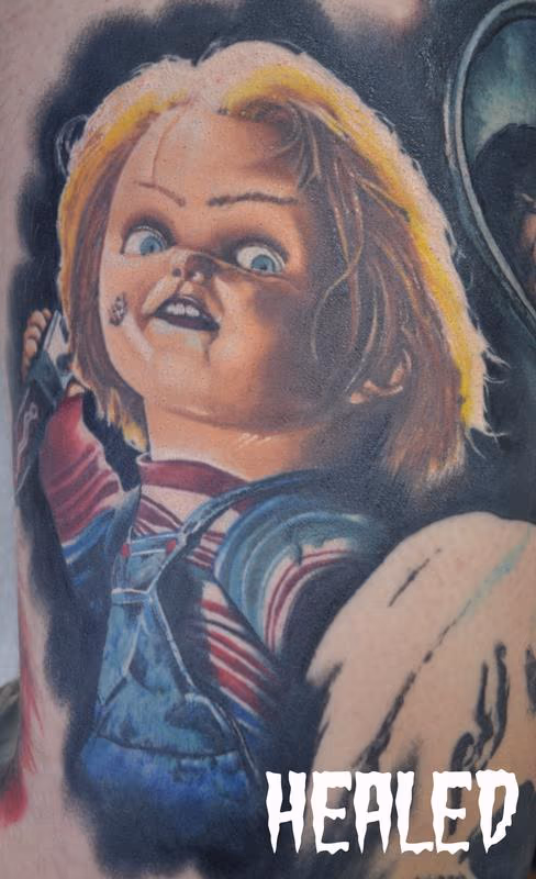Healed Chucky Childs Play Portrait In Progress Horror Leg Sleeve