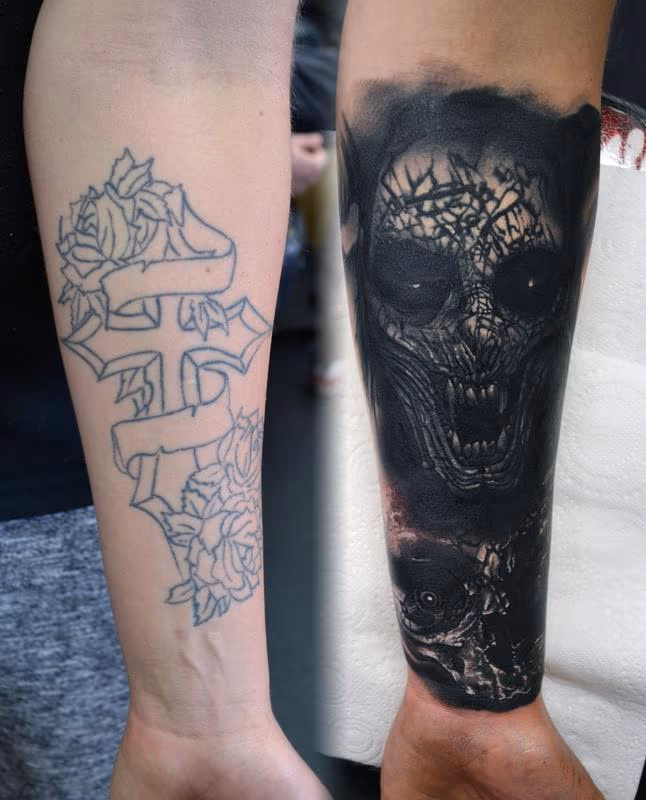 Demon and Skull Cover-Up Tattoo