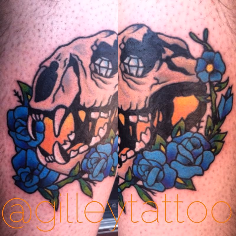 cat skull flowers american traditional tattoo