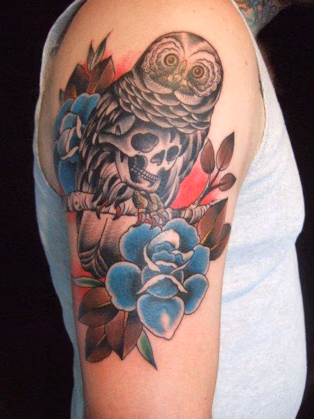 Traditional Owl and Flowers Tattoo