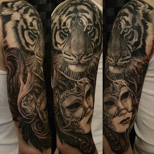 Black and gray Tiger and Womans portrait