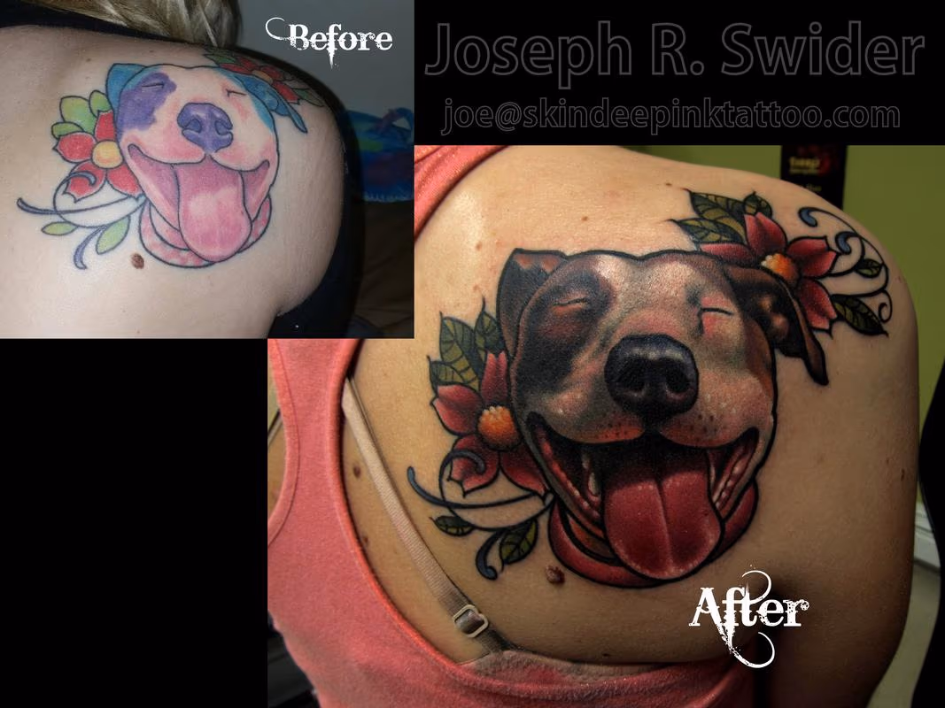Pitbull portrait tattoo coverup / redo