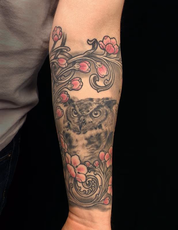 Owl and cherry blossoms