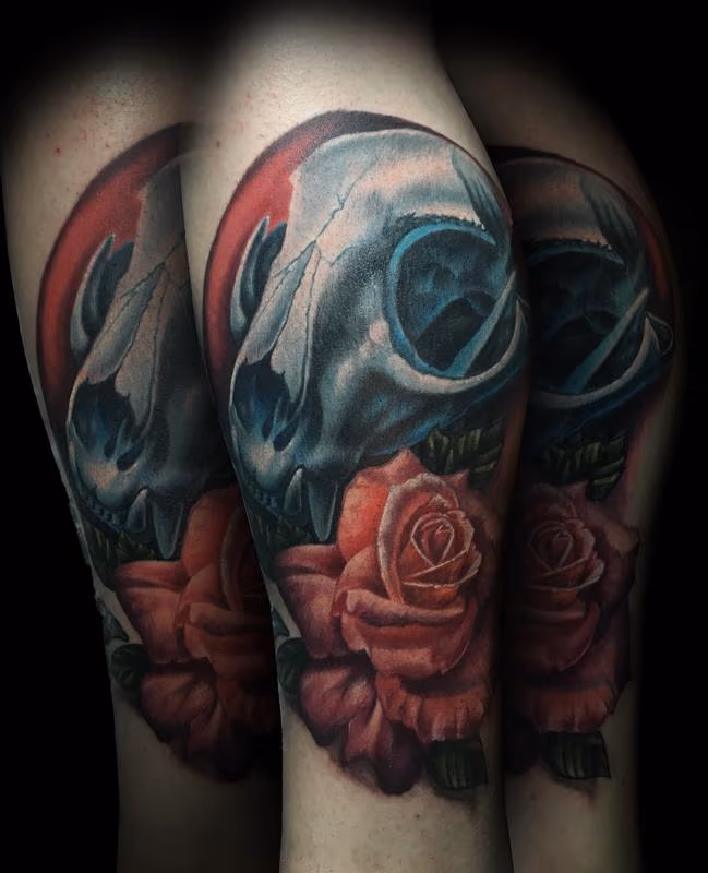 Cat Skull and Rose