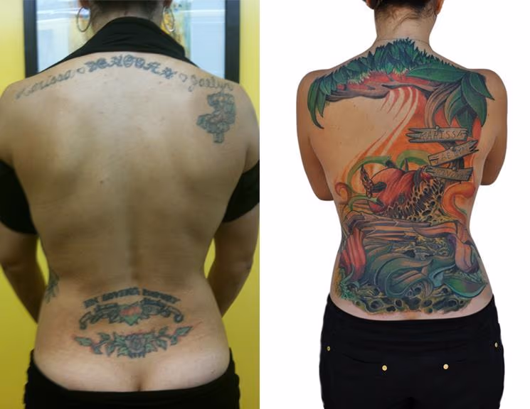 Illustrative Nature Back Piece Tattoo