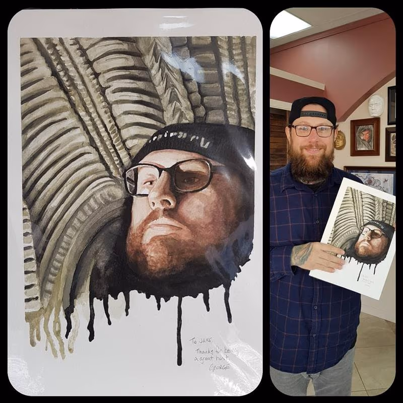 Painting of owner at Studio 13 Tattoo