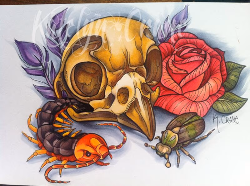 Owl Skull, Rose and Bugs.