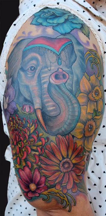 Elephant and Birth flower tattoo