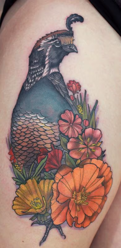 Quail and California wild flowers tattoo