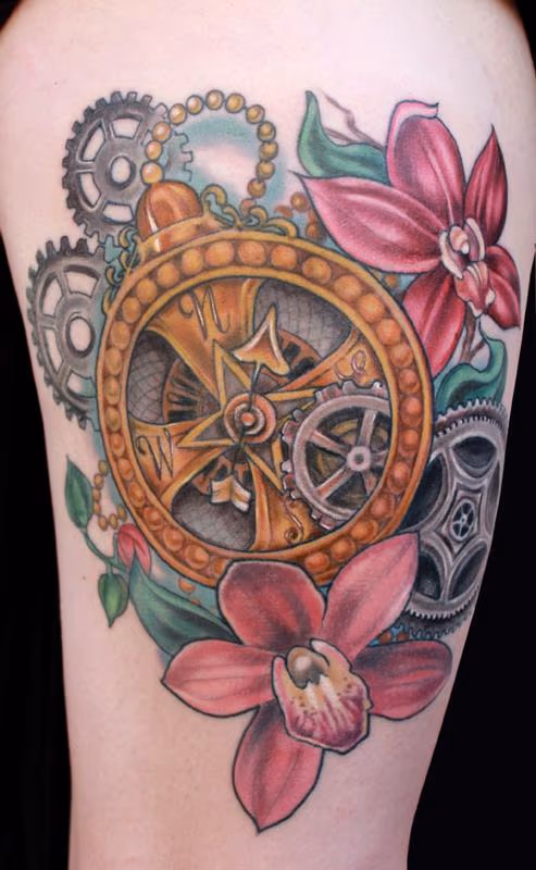 Compass and Orchid tattoo