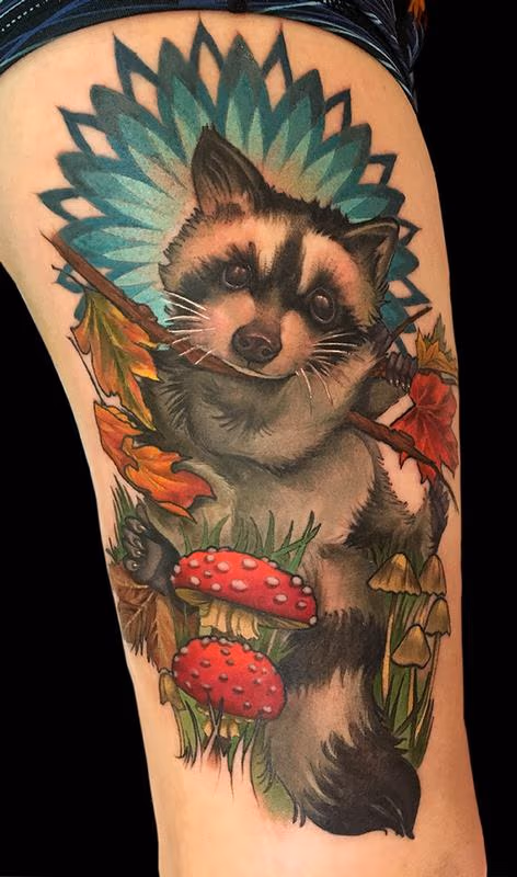 Raccoon with Mushrooms