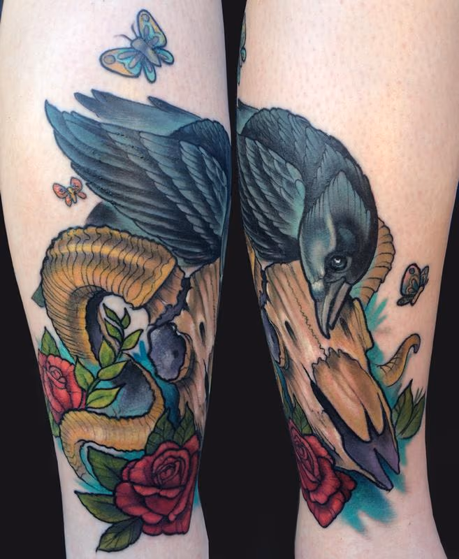 Crow and Ram's skull Tattoo