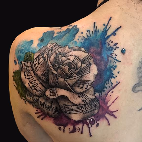 Watercolor Rose with Music Notes