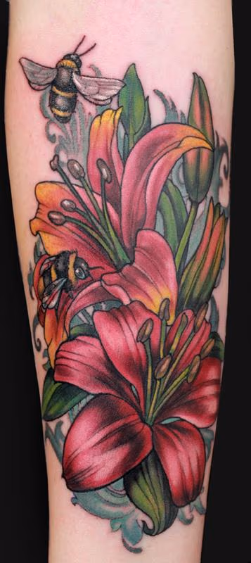 Lillies and bees tattoo