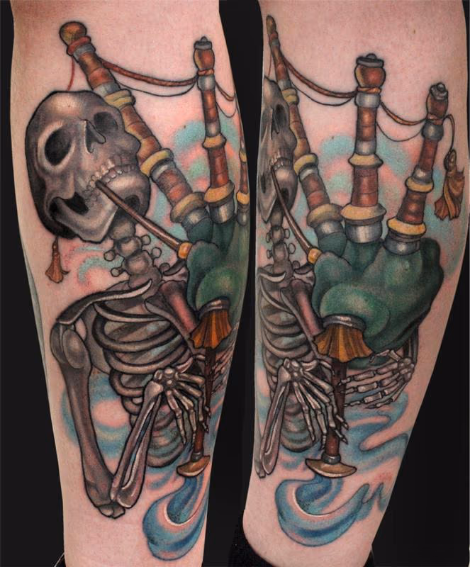 Skeleton playing the bagpipes tattoo