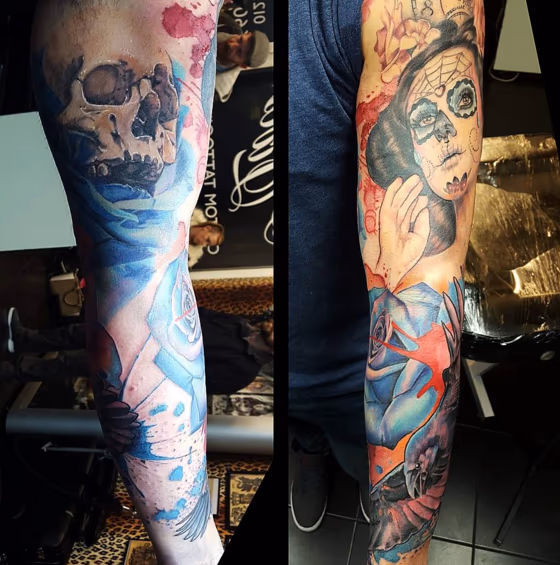 Skull Lady Rose Sleeve Tattoo