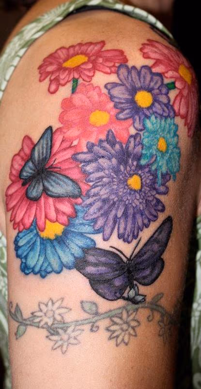 Color Flower and Butterfly Tattoo