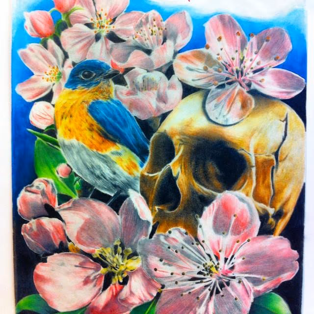 Skull and Bird with Flowers