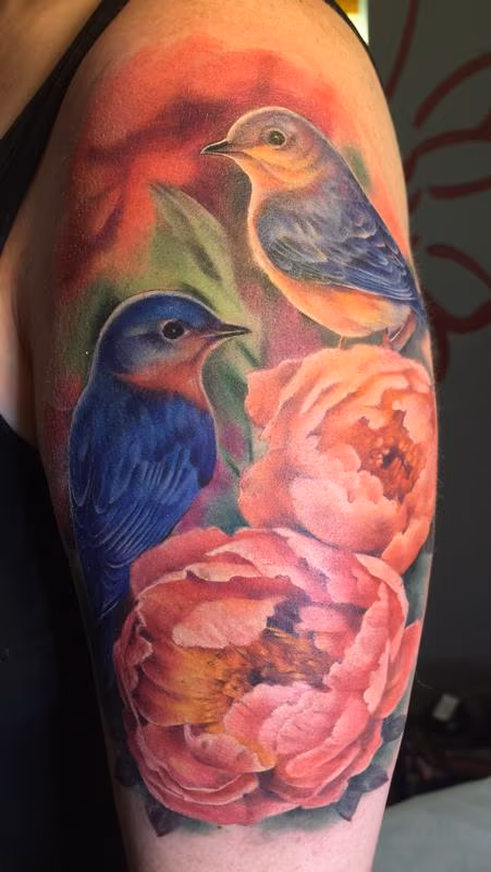 Bluebirds and peonies