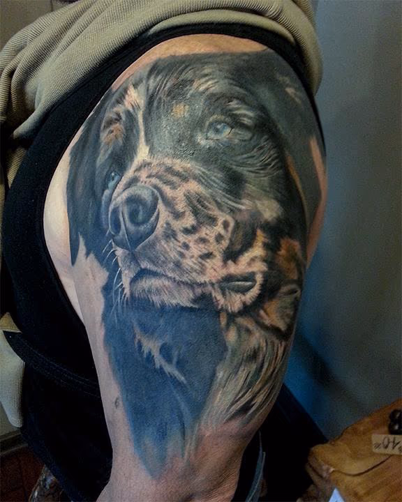 Blue Ribbon Cutter Dog Portrait Tattoo