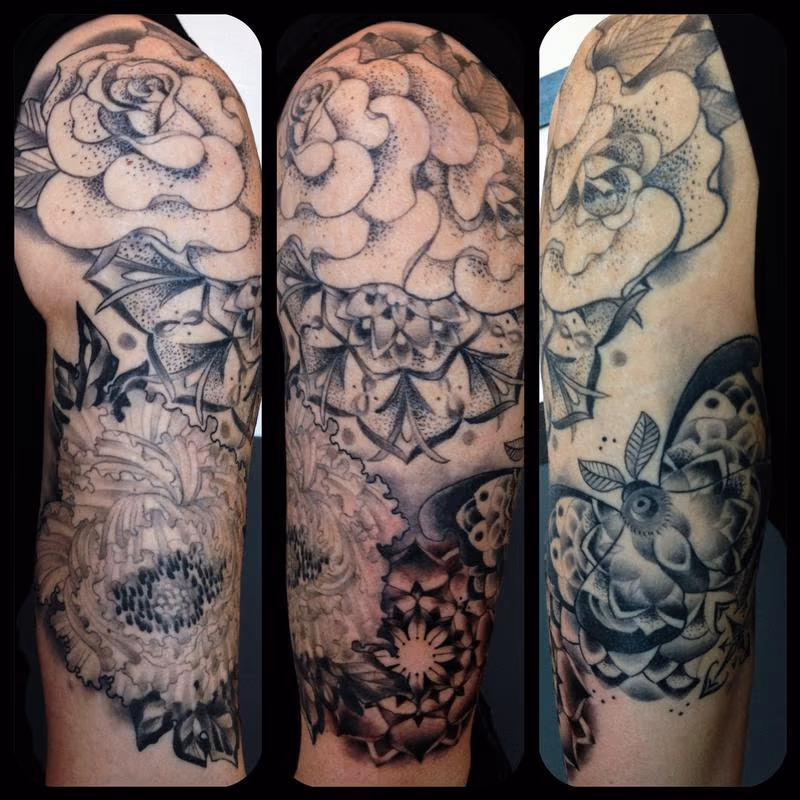 Black and Grey Flowers, Moth and Mandala