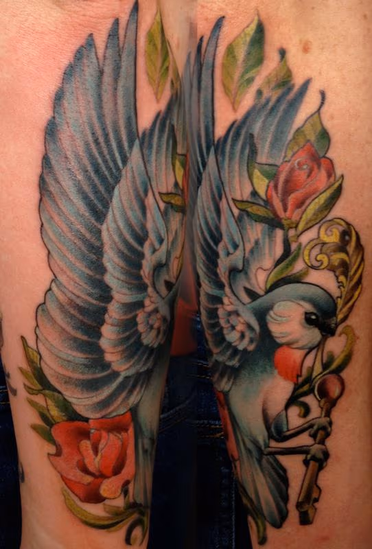 Bird with Rose, Feather and Key